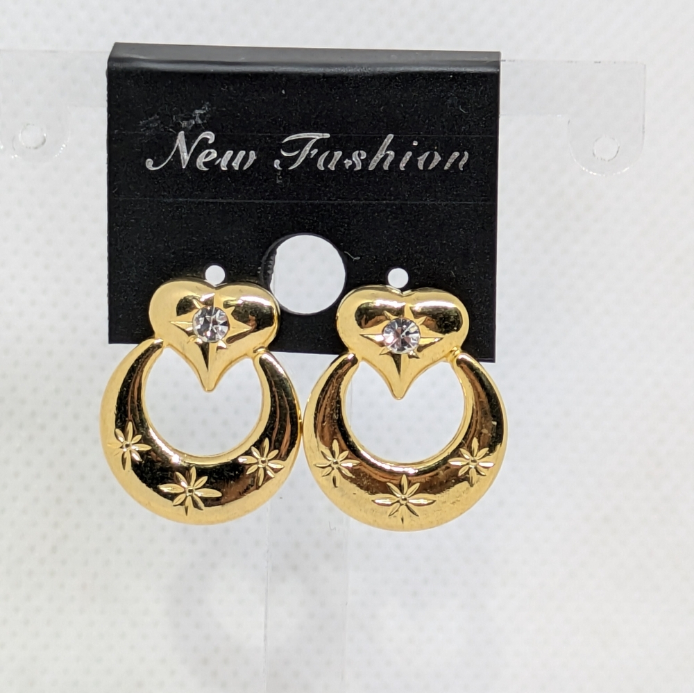 Earrings Gold Tone Hearts Clear Rhinestone Accents Pierced Boho Bohemian